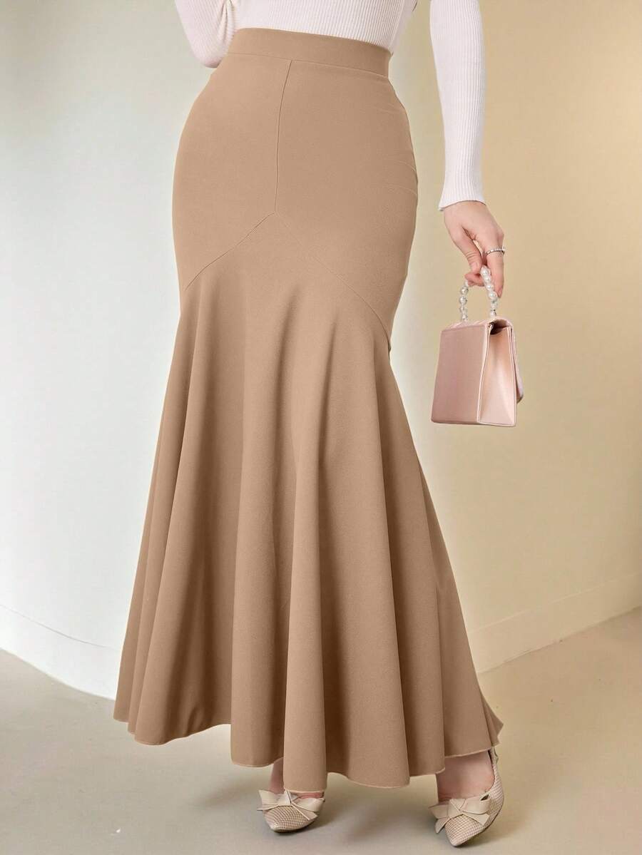 NOVVYNE Women's Solid Color Casual Versatile Date Night Mermaid Skirt - Khaki - View 1