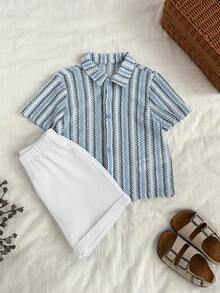 SHEIN 男婴夏季休闲度假针织条纹衬衫和蓝色休闲短裤两件套，适合生日派对、锐舞派对、晚宴、演出、婚礼、满月庆典、洗礼和一周岁生日派对、婚礼宾客、婴儿洗礼服 - 白色 - 查看 5