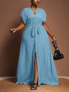 Veslaya Plus Size Women's Summer Versatile Casual All-Match Beach Elegant Ruffle Tie Front Short Sleeve Dress - Baby Blue - View 1