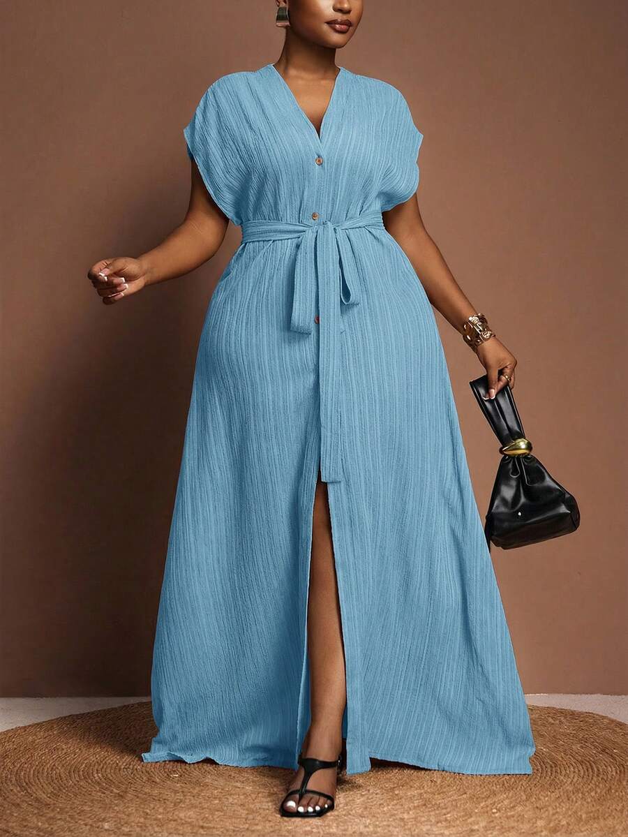 Veslaya Plus Size Women's Summer Versatile Casual All-Match Beach Elegant Ruffle Tie Front Short Sleeve Dress - Baby Blue - View 1