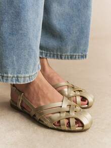 Rosivie Giày bệt nữ sandal La Mã rỗng quai cổ chân, giả da màu vàng, thoải mái, sandal đan nhiều sọc, giày đi chơi nghỉ dưỡng, sandal bệt lưới mắt cáo kiểu chuồng heo, sandal nữ màu vàng, giày bệt đi biển mùa hè cho nữ - Vàng - Xem 10