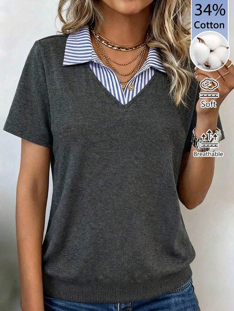 Women's Striped Patchwork Shirt Collar Short Sleeve Casual T-Shirt Summer Top Summer Outfit For Women Casual Blouses For Women Holiday Outfits For Women Summer Holiday Outfits Office Outfits For Women Cotton Tops For Women Women's Cotton T-Shirt T Shirts For Women Short Sleeve T-Shirt For Women Casual Tops For Women