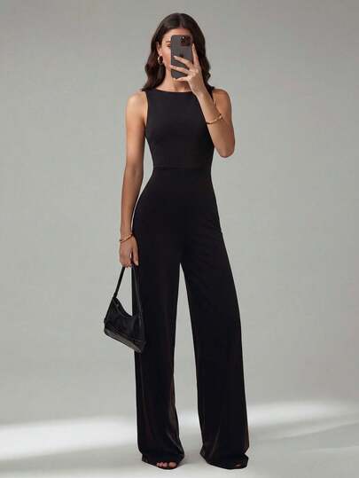 SHEIN Tall Elegante mono de pierna ancha sin mangas de color negro sólido, atuendo versátil para uso diario, citas, fiestas, diseño asimétrico, adecuado para el Día de San Valentín, uso diario, elegante