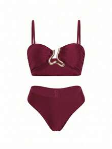Set de 3 piezas de bikini dividido de mujer con decoración de metal de unicolor, top bandeau con tirantes ajustables y falda de cintura alta, estilo de moda para playa y resort - Burdeos - Ver 8