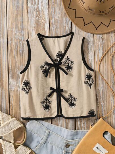 Emery Rose Kids Áo không tay thêu hoa, trang trí nơ cho bé gái, thích hợp mặc thường ngày mùa hè hoặc đi nghỉ mát.