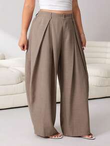 Solflare Autumn New Casual Elegant Versatile Zipper Waist Elastic Waist Baggy Long Pants, Khaki, Plus Size Formal Office Bussines Formal Fall Teachers' Day - Mocha Brown - View 5