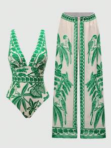 Swim Oasis Maiô feminino de uma peça com estampa botânica e calça integrada - Multicolorido - Ver 4