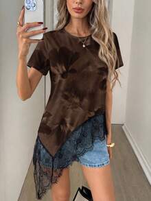 SHEIN LUNE Áo thun nữ tay ngắn cổ tròn in họa tiết, thiết kế viền ren bất đối xứng, kiểu dáng thường ngày cho mùa xuân/hè, trang phục mùa hè cho nữ. - Nhiều màu - Xem 4