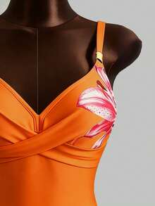 Hot Selling Spring/Summer Beach Vacation Adjustable Strap Metal Accessory Floral Print Bikini 2 Pieces Set - Burnt Orange - View 8
