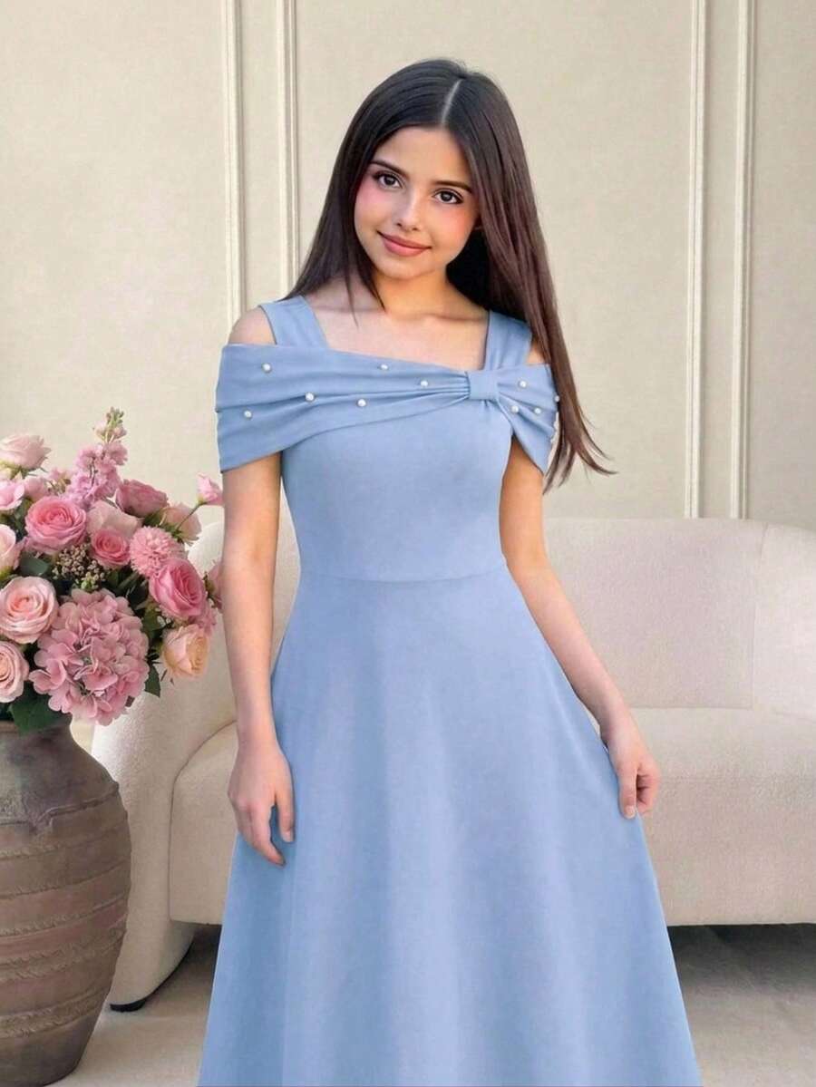 Đầm chữ A đính nơ hạt cườm, màu đỏ tía, dành cho thiếu nữ. - Màu xanh nhạt - Xem 1