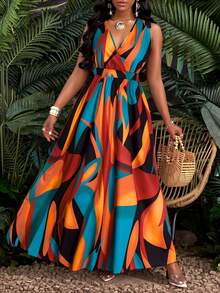 SHEIN PETITE CURVE Plus Size Women V-Neck Ruched Patchwork Casual Party Dress - Orange - View 3