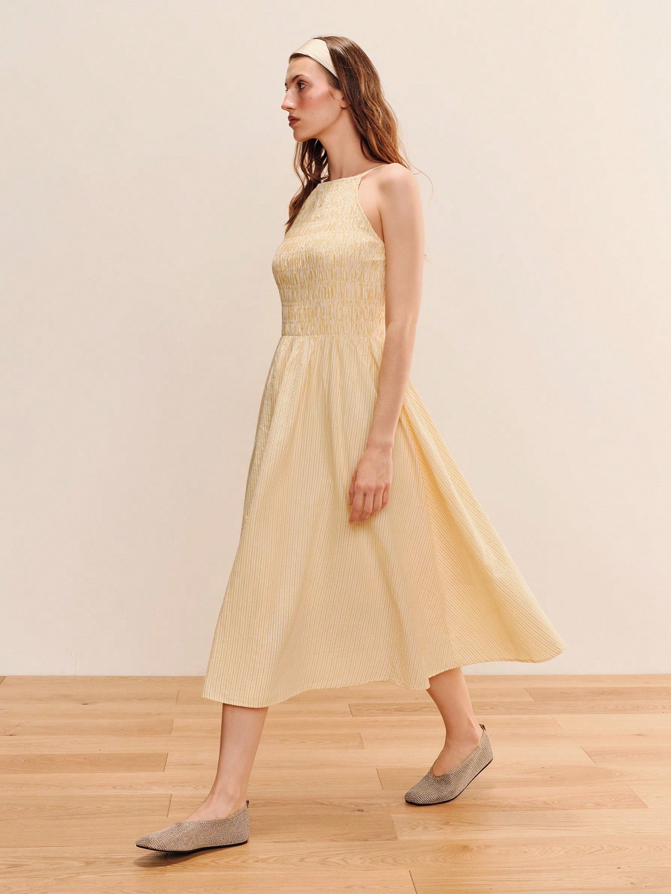 Yellow Striped Midi Dress With A Square Neckline, Smocked Top And A-Line Skirt Cute Spring Summer Dress Cute Yellow Dress Casual Vacation Outfit French Style Dress