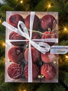 Christmas Tree Decorations 12 Pcs Velvet Ornaments For Christmas Tree, Mixed Sizes Flocked Ornaments For Xmas Holiday Hanging Decorations (Burgundy) - Multicolor - View 1