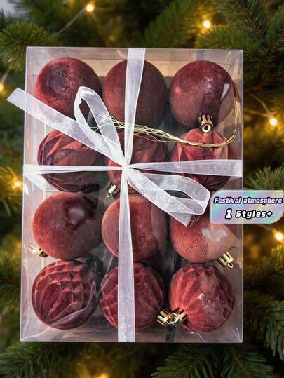 Đồ trang trí cây thông Noel 12 món, đồ trang trí bằng nhung nhiều kích cỡ khác nhau, thích hợp để treo trang trí cây thông Noel (màu đỏ tía)