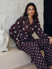 Anewsta 2pcs Women's Polka Dot Shirt + Wide Leg Pants Set, Elegant And Versatile Fashion Design - Purple - View 7