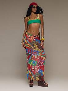 MUSERA Graphic Print Rio Mesh Fitted Maxi Skirt Summer Vacation Holiday Festival Rave Beach Carnival - Multicolor - View 1