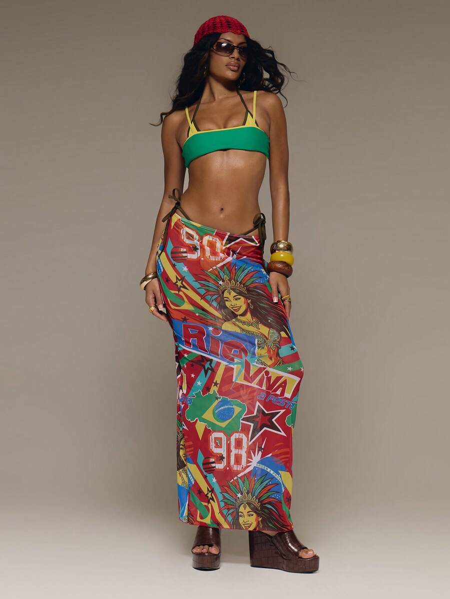 MUSERA Graphic Print Rio Mesh Fitted Maxi Skirt Summer Vacation Holiday Festival Rave Beach Carnival - Multicolor - View 1