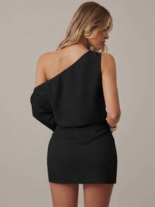Hauture Women's Asymetric Knotted Strap One Shoulder Satin Mini Dress Casual Office Wear - Black - View 5