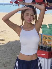 DAZY 女款素色百褶休閒百搭日常穿搭細肩帶上衣 夏季短版背心 - 白色 - 查看 6