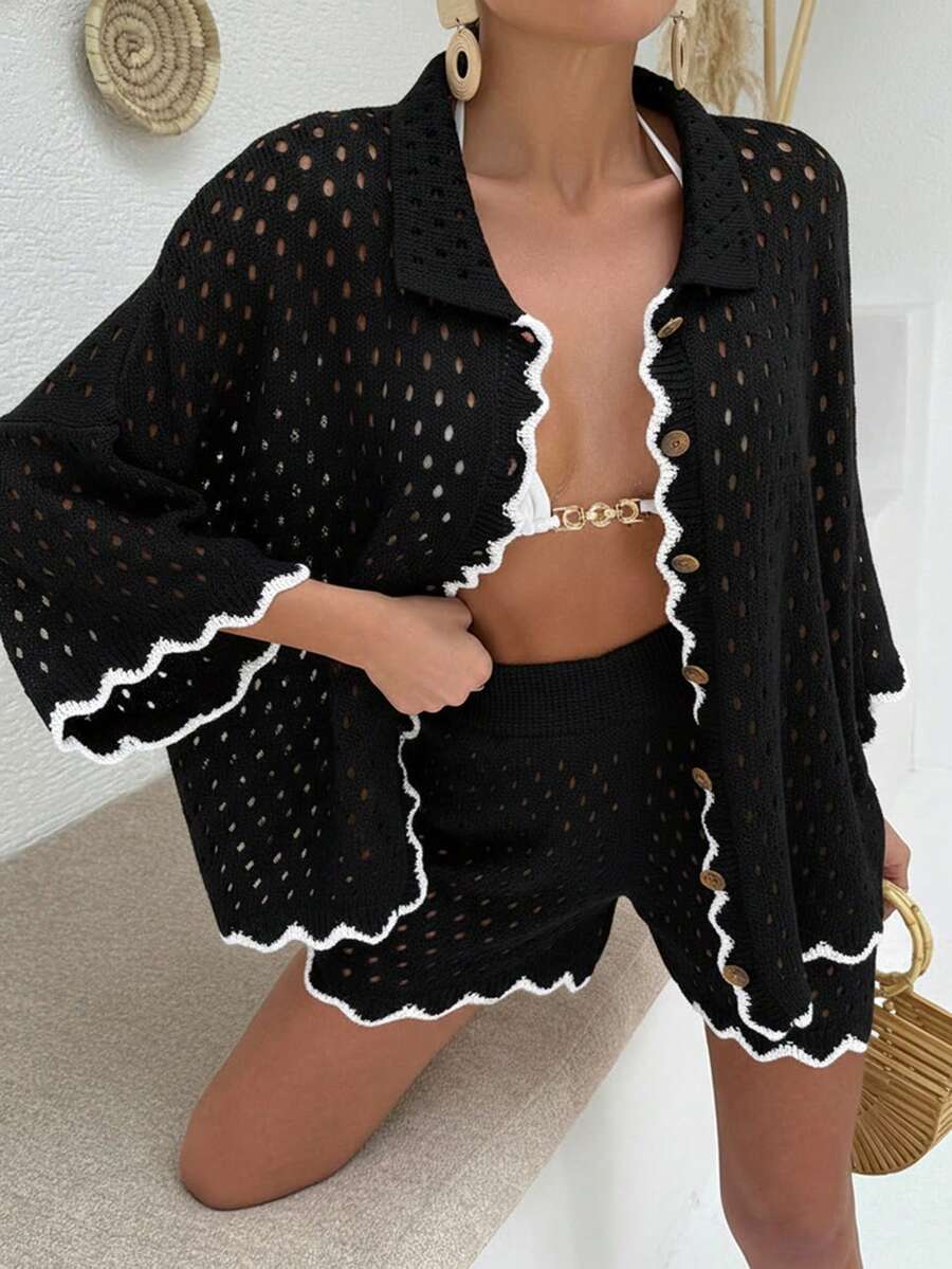 EURMUSE Conjunto de camisa y suéter corto de mujer con cuello de solapa y botones delanteros de unicolor - Negro - Ver 1