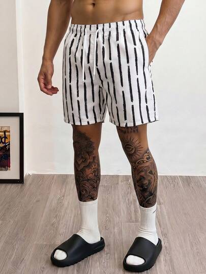 Manfinity EMRG 男士黑/白条纹沙滩短裤，夏季时尚男士度假男士短裤度假男士沙滩短裤男士夏季男士短裤海滩男士短裤男士沙滩短裤泳裤男士沙滩装，夏威夷