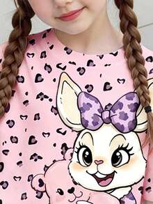 2pcs/Set Young Girls Cute Vintage Rabbit & Leopard Bow Print Top,Tight Shorts,Light Pink,Summer Casual Outfits,Korean Style,Y2K,Kawaii,Cottagecore Set - Multicolor - View 5