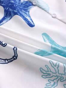 EMERY ROSE Plus Size Women Spring/Summer Ocean Element Print Cap Sleeve Casual Vacation Shirt - Blue and White - View 3