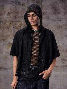 Skyrend Men's Casual Fashion Summer Vacation Jacquard Rhinestone Dropped Shoulder Loose Black Shirtemo - Black - View 1