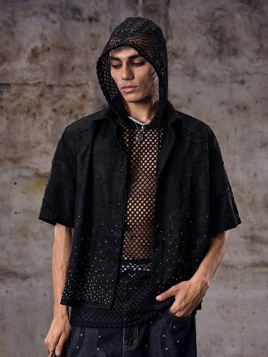 Skyrend Men's Casual Fashion Summer Vacation Jacquard Rhinestone Dropped Shoulder Loose Black Shirtemo - Black - View 1