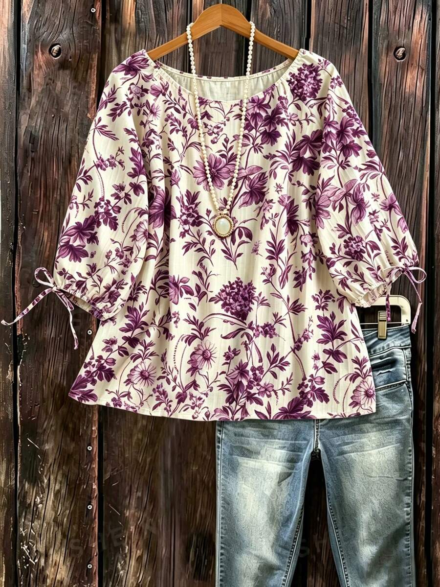 SHEIN LUNE CURVE 大码女式休闲兰花印花短袖蝴蝶结衬衫 - 彩色 - 查看 1