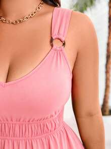 SHEIN Clasi Đầm maxi xếp ly màu trơn cỡ lớn dành cho nữ, kiểu dáng thường ngày, thích hợp mặc mùa hè. - Màu Hồng  Dưa hấu - Xem 5