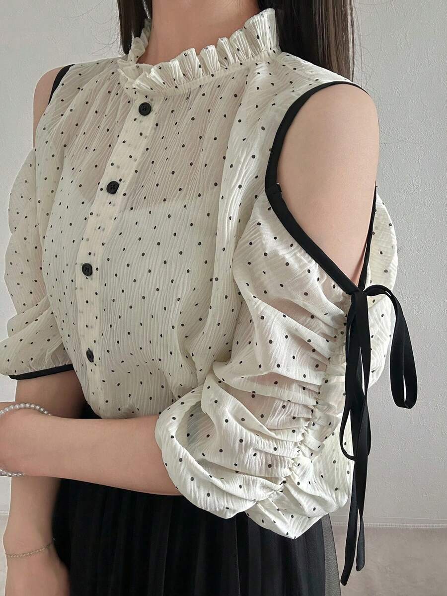 Women's Polka Dot Off-Shoulder Single-Breasted Fashion Shirt - Beige - View 1