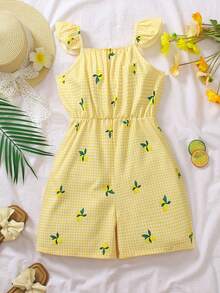 Bộ áo liền quần in họa tiết cây nhiệt đới cho bé gái, tay bồng, thiết kế nơ phía sau và chi tiết hoa ở viền áo, dáng rộng thoải mái cho kỳ nghỉ hè. - màu xanh lá - Xem 3