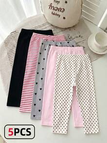 Souflis Souflis 5条装女童休闲百搭柔软爱心、条纹、波点、黑色、粉色纯色打底裤，性价比高，适合春夏室内休闲或户外玩耍 - 彩色 - 查看 2