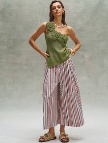 Bohemela Vacation Casual Solid Color 3D Floral Decor Knit One Shoulder Top - Green - View 8