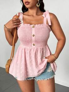Elenzga Plus Size Women's Solid Color Front Pocket Patchwork Textured Fabric Shoulder Strap Blouse - Pink - View 1