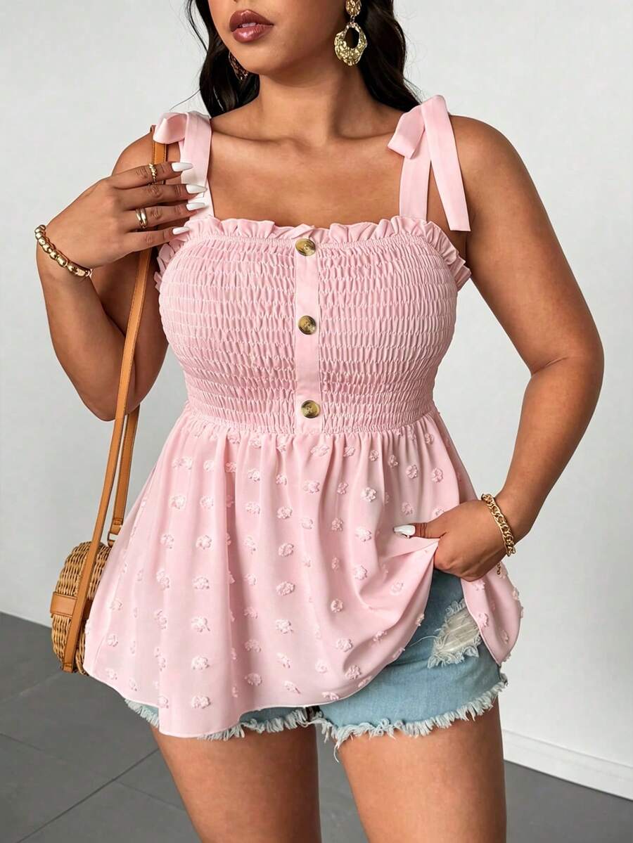 Elenzga Plus Size Women's Solid Color Front Pocket Patchwork Textured Fabric Shoulder Strap Blouse - Pink - View 1