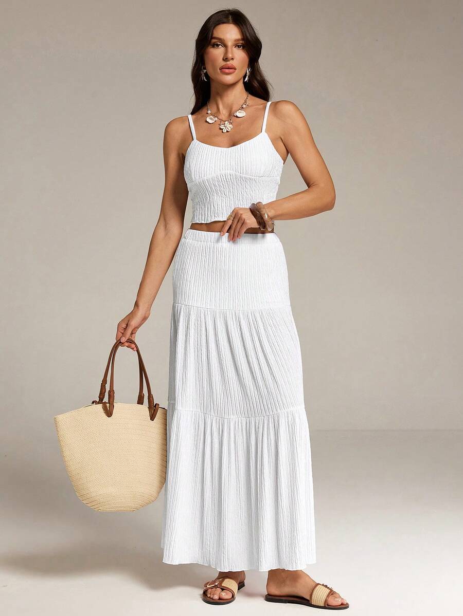 SHEIN Tall Bộ áo hai dây và chân váy dài ngang gối màu mơ dành cho nữ. - trắng - Xem 1