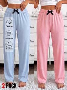 Women Cotton Rib Knit 2 Pcs Bow &Ribbon Detail Homewear Long Longe Comfort Long Bottoms Sets - Multicolor - View 1