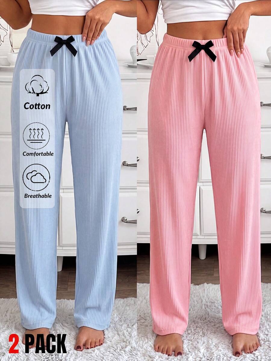 Women Cotton Rib Knit 2 Pcs Bow &Ribbon Detail Homewear Long Longe Comfort Long Bottoms Sets - Multicolor - View 1