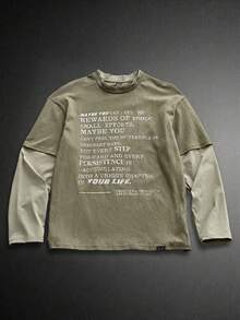 Manfinity RebelGame Men Knit Fashionable Casual Everyday Cotton Fashion Urban English Letter Print Patchwork Loose Fit Long Sleeve T-Shirt, 90s, For Friends, Summer, Fall - Army Green - View 1