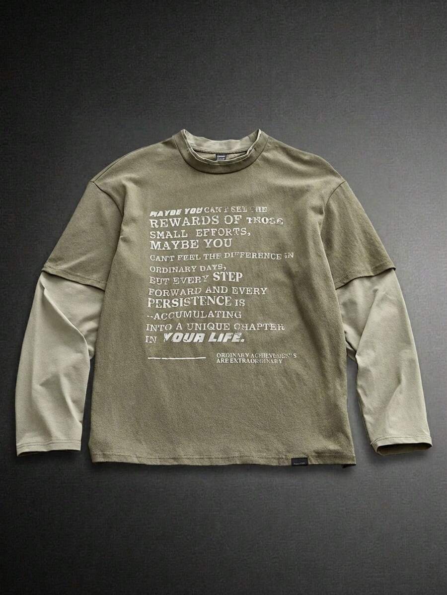 Manfinity RebelGame Men Knit Fashionable Casual Everyday Cotton Fashion Urban English Letter Print Patchwork Loose Fit Long Sleeve T-Shirt, 90s, For Friends, Summer, Fall - Army Green - View 1