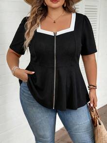 SHEIN CURVE+ Áo kiểu nữ cỡ lớn, dáng suông, cổ vuông, tay ngắn, khóa kéo, vạt lượn sóng, kiểu dáng thường ngày thanh lịch. - Đen và trắng - Xem 3