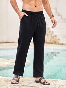 Mercer Haus Men's Solid Color Lightweight Linen Pants, Comfortable For Summer, Suitable For Beach, Casual, Sports - Black - View 2