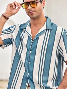 Mercer Haus Men's Casual Striped Short Sleeve Shirt, Fashionable & Versatile, Collared, Full Front Button Design, Suitable For Business, Work, And Leisure Wear - Blue - View 6