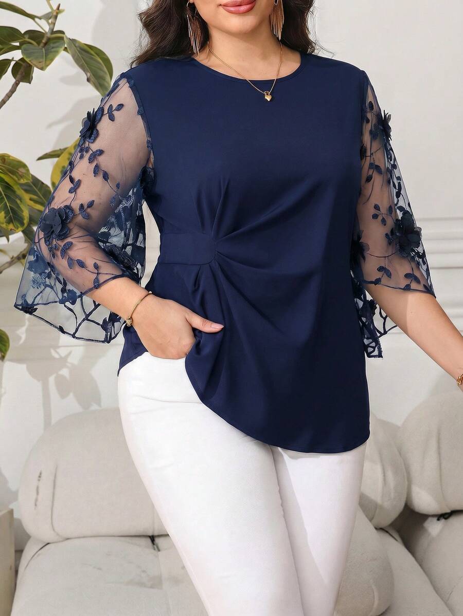 Reflora Áo kiểu dáng thanh lịch, cỡ lớn, màu trơn, cổ tròn, phối lưới, xoắn. - Màu xanh lam - Xem 1