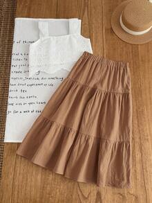 Emery Rose Kids Emery Rose Kids 2pcs Young Girl Woven Solid Color Square Neck Ruffle Trim Casual Camisole And Long Pants Set - Khaki - View 2