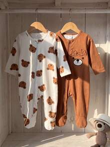 SHEIN Vintaside Kids 2件套男婴白色和灰色可爱大象印花长袖连体衣，适合秋冬季外出穿着，舒适百搭 - 棕色 - 查看 6