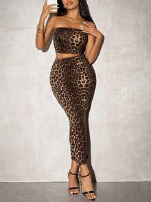 SHEIN SXY Leopard Print Knitted Crop Top & Bodycon Midi Skirt 2pcs Set For Summer,Date Night - Brown - View 3