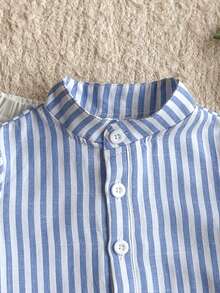 SHEIN Vintaside Kids 两件套男婴可爱休闲条纹polo衫和松紧腰条纹裤套装，适合生日派对、晚宴、演出、婚礼、婴儿派对等场合。 - 藍色 - 查看 6